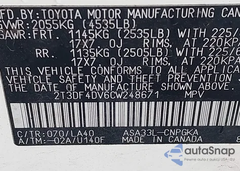 2012 Toyota Rav4 Limited z USA, uszkodzony, nr VIN 2T3DF4DV6CW248671